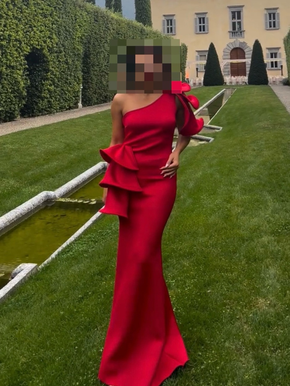 One-Shoulder Red Ruffle Formal Gown